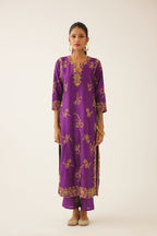 Plum purple straight silk kurta set with all over dori & silk thread embroidery highlighted with contrast bead & sequins work.