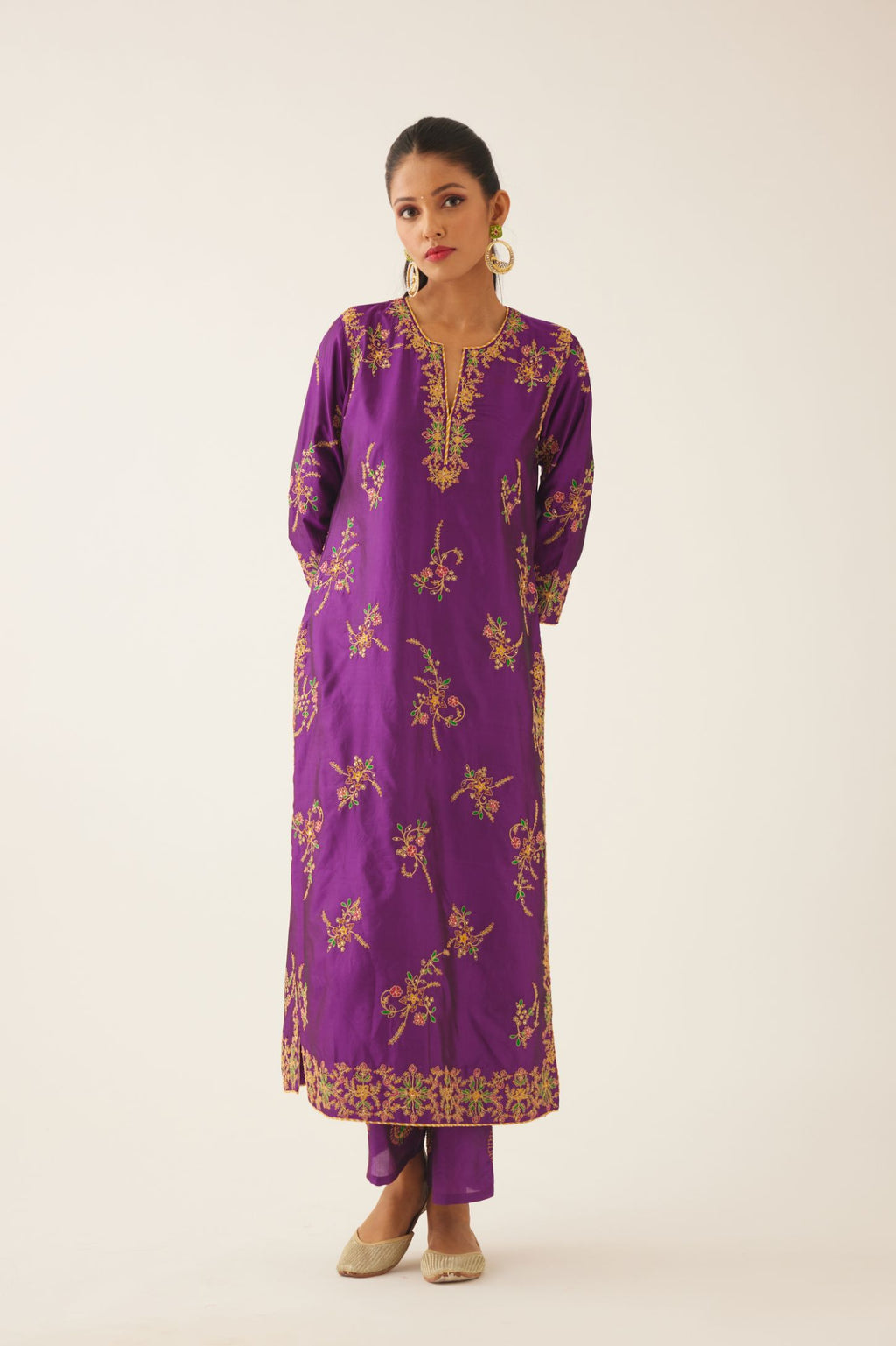 Plum purple straight silk kurta set with all over dori & silk thread embroidery highlighted with contrast bead & sequins work.