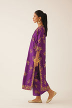 Plum purple straight silk kurta set with all over dori & silk thread embroidery highlighted with contrast bead & sequins work.