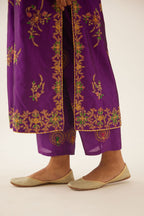 Plum purple straight silk kurta set with all over dori & silk thread embroidery highlighted with contrast bead & sequins work.