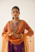Plum purple straight silk kurta set with all over dori & silk thread embroidery highlighted with contrast bead & sequins work.