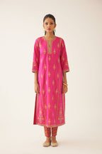 Raspberry silk kalidar straight kurta set with dori and silk thread embroidery, highlighted with bead and sequins work.