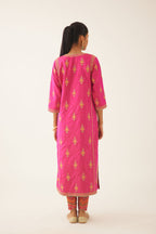 Raspberry silk kalidar straight kurta set with dori and silk thread embroidery, highlighted with bead and sequins work.
