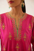 Raspberry silk kalidar straight kurta set with dori and silk thread embroidery, highlighted with bead and sequins work.