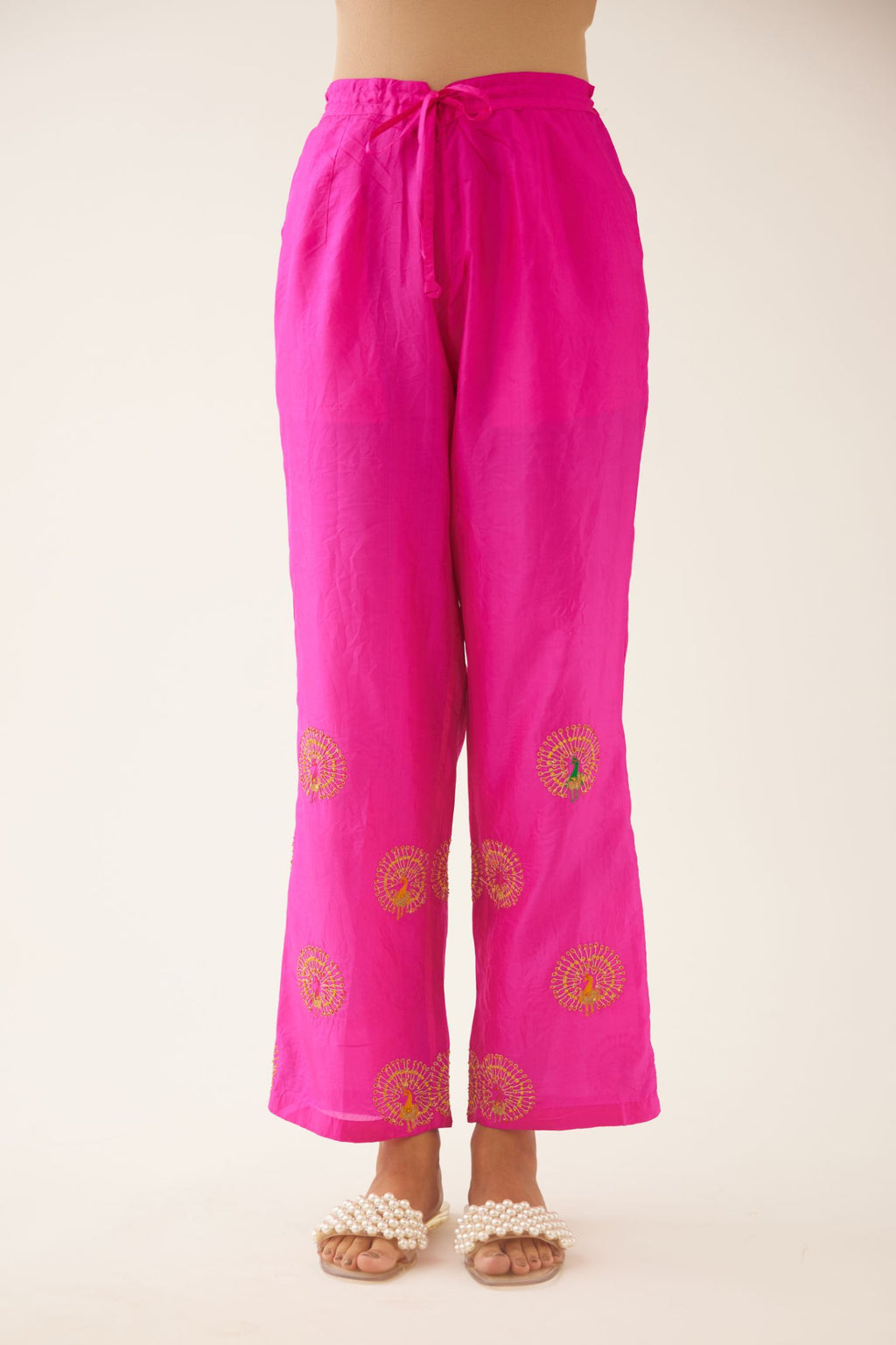 Fiji fuchsia silk straight pants with dori and silk thread embroidery.
