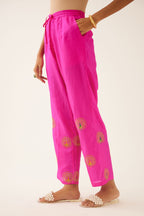 Fiji fuchsia silk straight pants with dori and silk thread embroidery.
