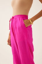Fiji fuchsia silk straight pants with dori and silk thread embroidery.