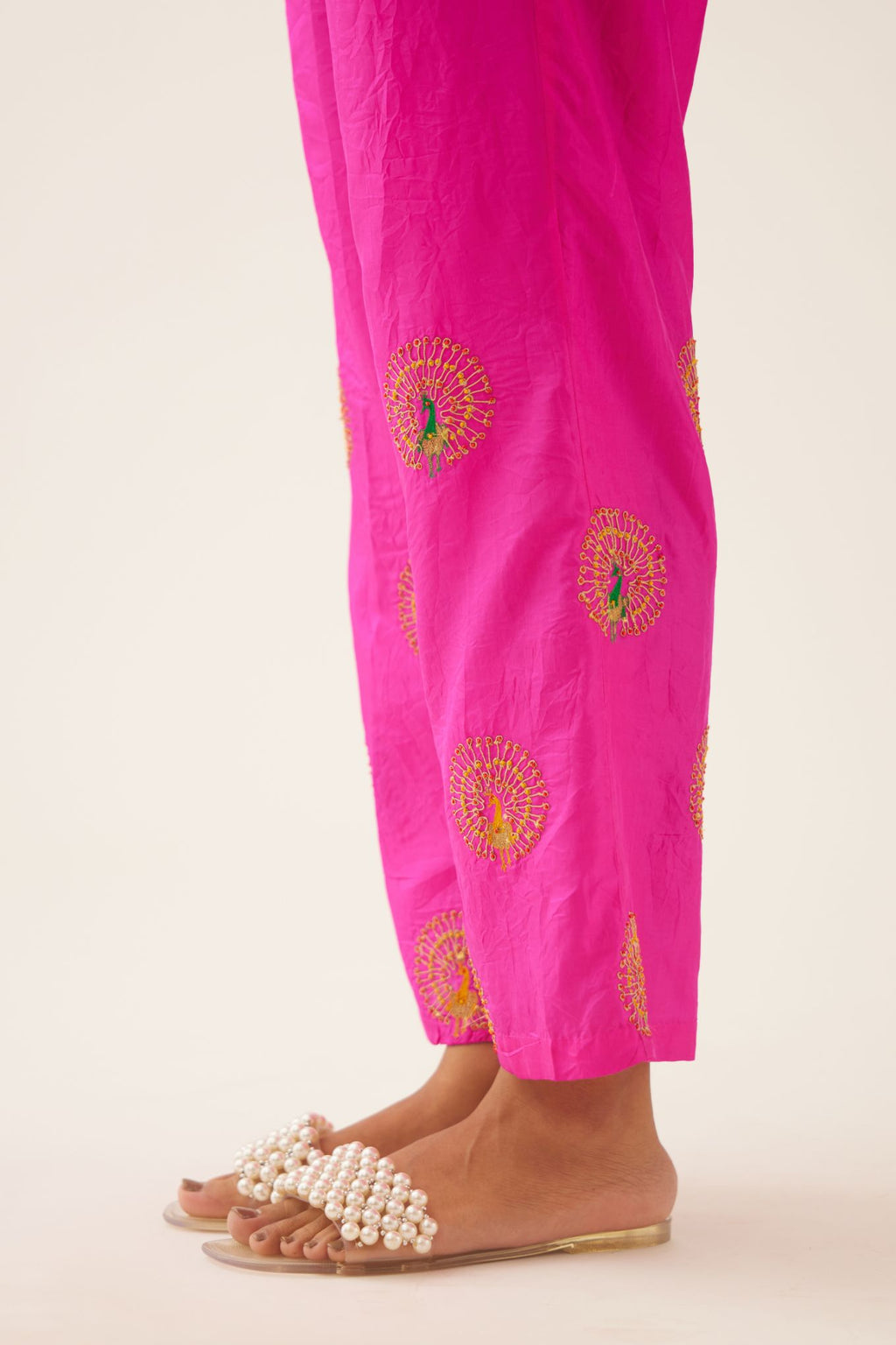 Fiji fuchsia silk straight pants with dori and silk thread embroidery.