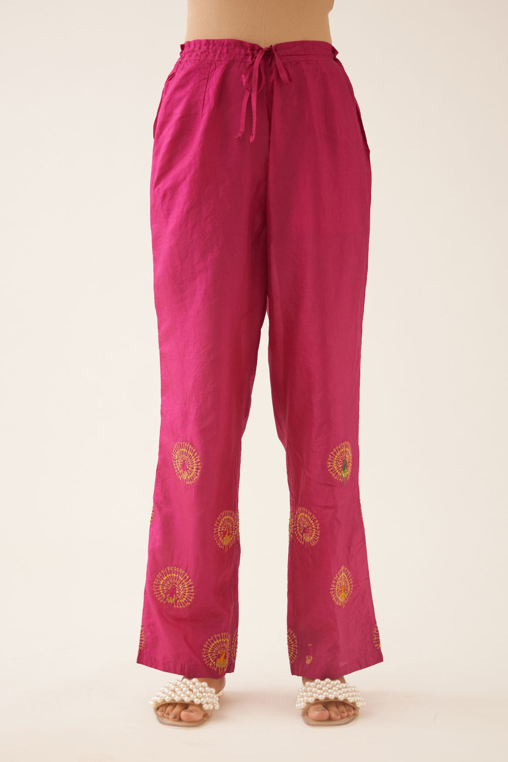 Jaz berry silk straight pants with dori and silk thread embroidery.