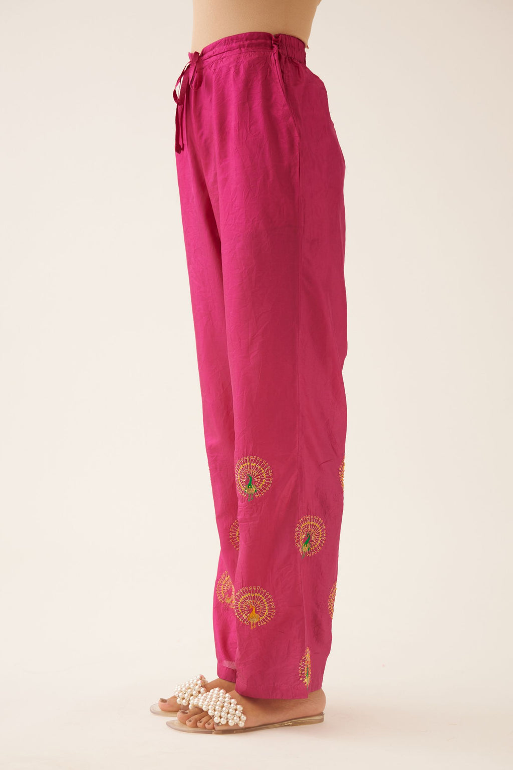 Jaz berry silk straight pants with dori and silk thread embroidery.