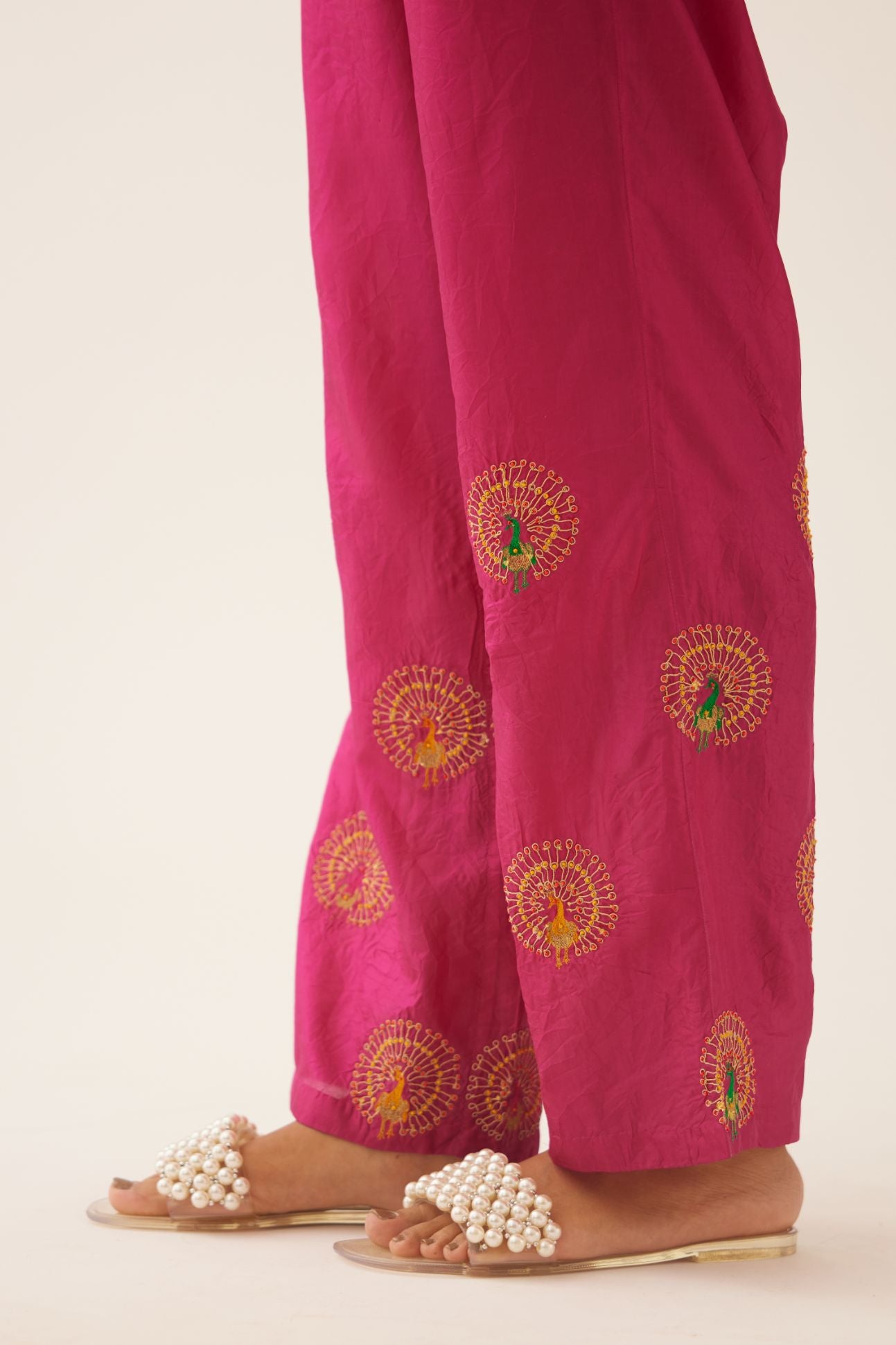 Jaz berry silk straight pants with dori and silk thread embroidery.