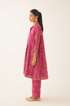 Jazz berry A-line short silk kurta set with all over embroidery, highlighted with sequins and bead work, paired with Jaz berry silk straight pants with dori and silk thread embroidery.