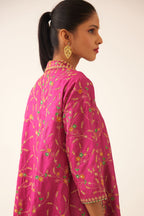 Jazz berry A-line short silk kurta set with all over embroidery, highlighted with sequins and bead work, paired with Jaz berry silk straight pants with dori and silk thread embroidery.