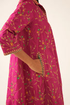 Jazz berry A-line short silk kurta set with all over embroidery, highlighted with sequins and bead work, paired with Jaz berry silk straight pants with dori and silk thread embroidery.