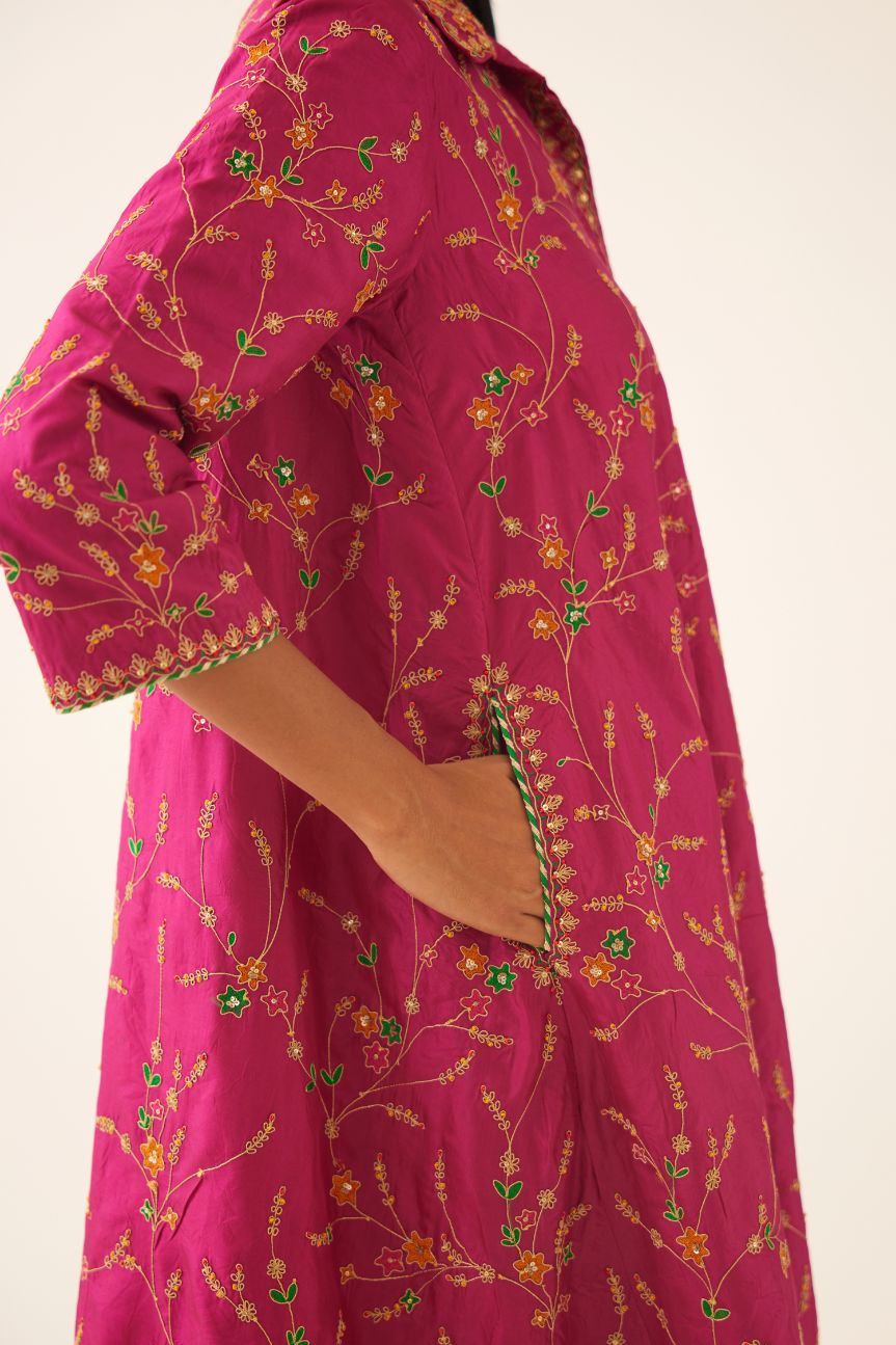 Jazz berry A-line short silk kurta set with all over embroidery, highlighted with sequins and bead work, paired with Jaz berry silk straight pants with dori and silk thread embroidery.