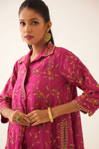 Jazz berry A-line short silk kurta set with all over embroidery, highlighted with sequins and bead work, paired with Jaz berry silk straight pants with dori and silk thread embroidery.
