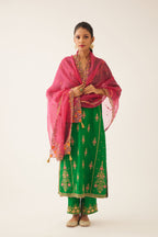 Green silk kalidar straight kurta set with dori and silk thread embroidery, highlighted with bead and sequins work.