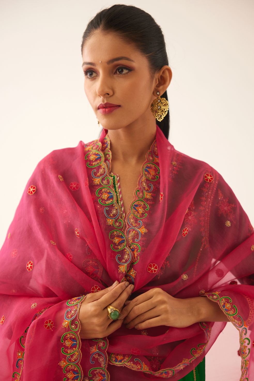Fuchsia silk organza dupatta with all-over delicate dori & silk thread embroidery, highlighted with bead and sequins work.