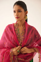 Green silk kalidar straight kurta set with dori and silk thread embroidery, highlighted with bead and sequins work.