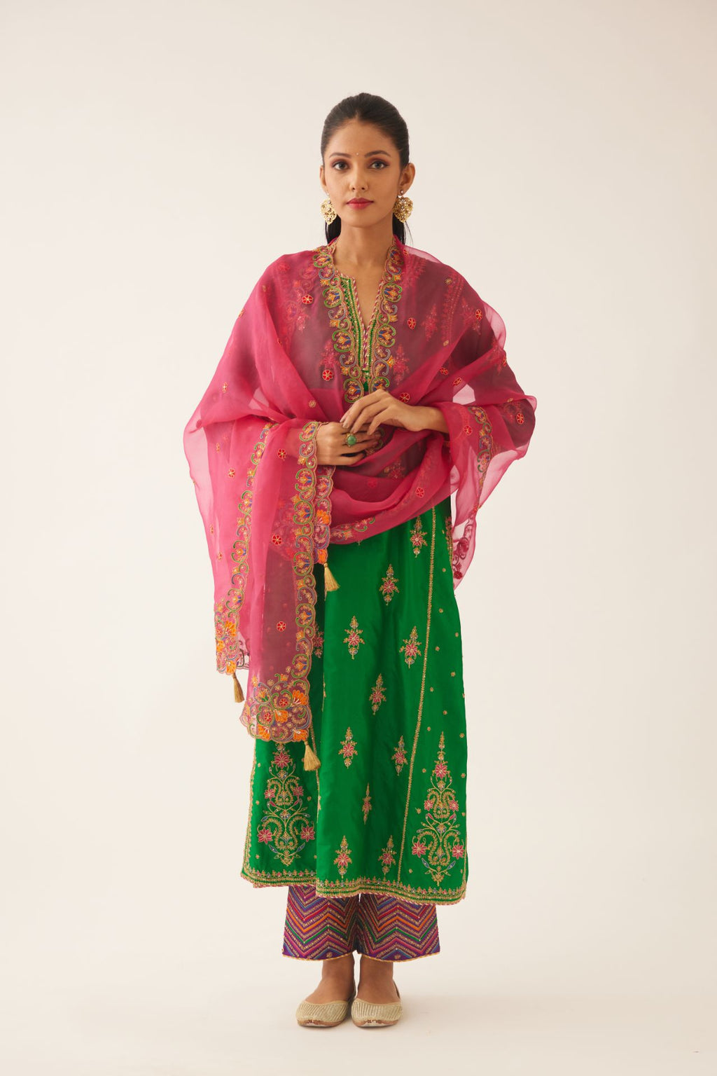 Fuchsia silk organza dupatta with all-over delicate dori & silk thread embroidery, highlighted with bead and sequins work.