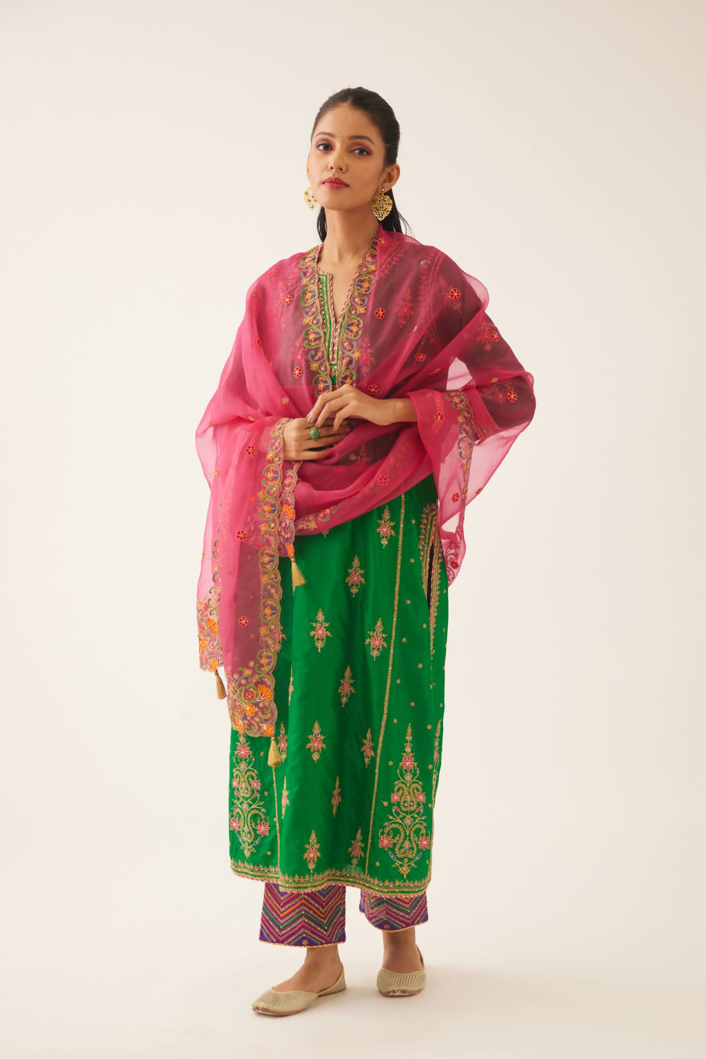 Fuchsia silk organza dupatta with all-over delicate dori & silk thread embroidery, highlighted with bead and sequins work.
