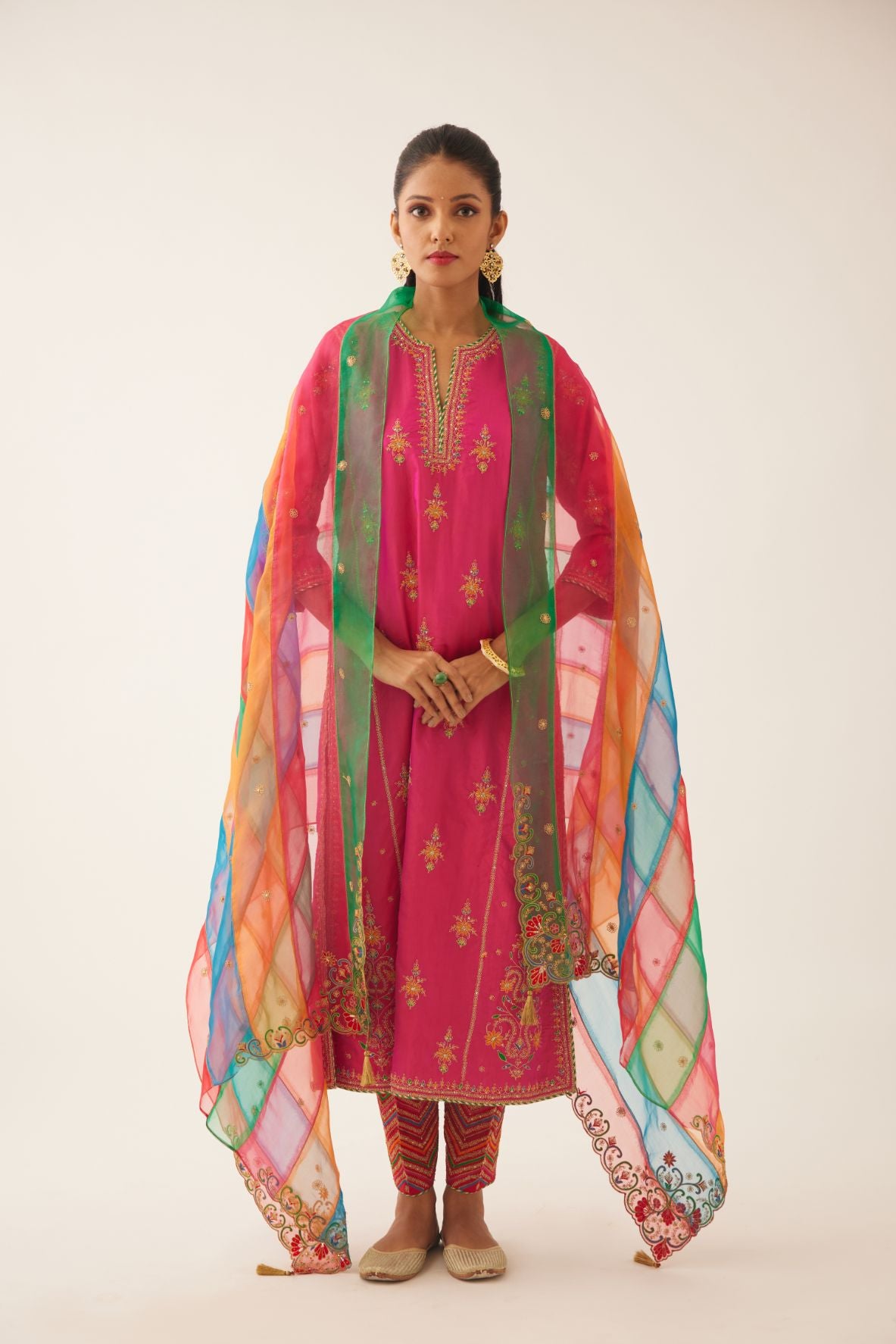 Raspberry silk kalidar straight kurta set with dori and silk thread embroidery, highlighted with bead and sequins work.