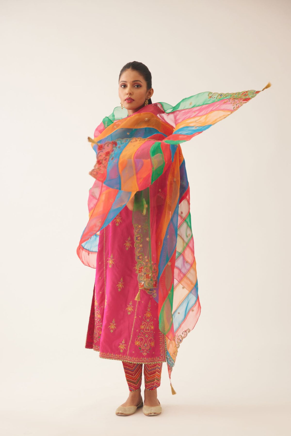 Raspberry silk kalidar straight kurta set with dori and silk thread embroidery, highlighted with bead and sequins work.