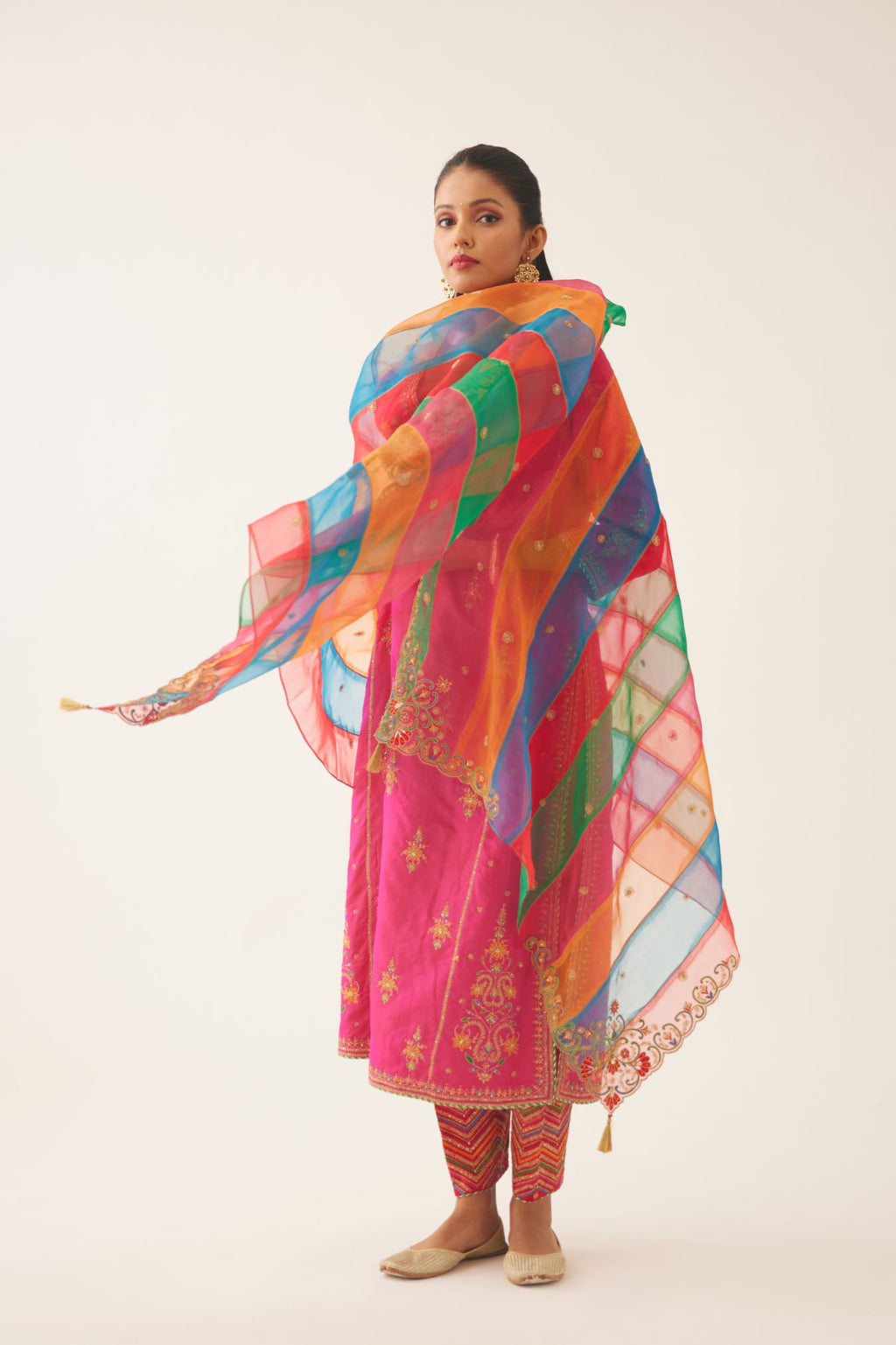 Raspberry silk kalidar straight kurta set with dori and silk thread embroidery, highlighted with bead and sequins work.