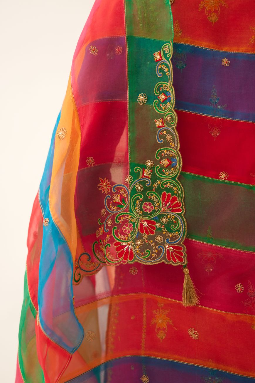 Multi colored silk organza dupatta with all-over delicate dori & silk thread embroidery, highlighted with bead and sequins work.