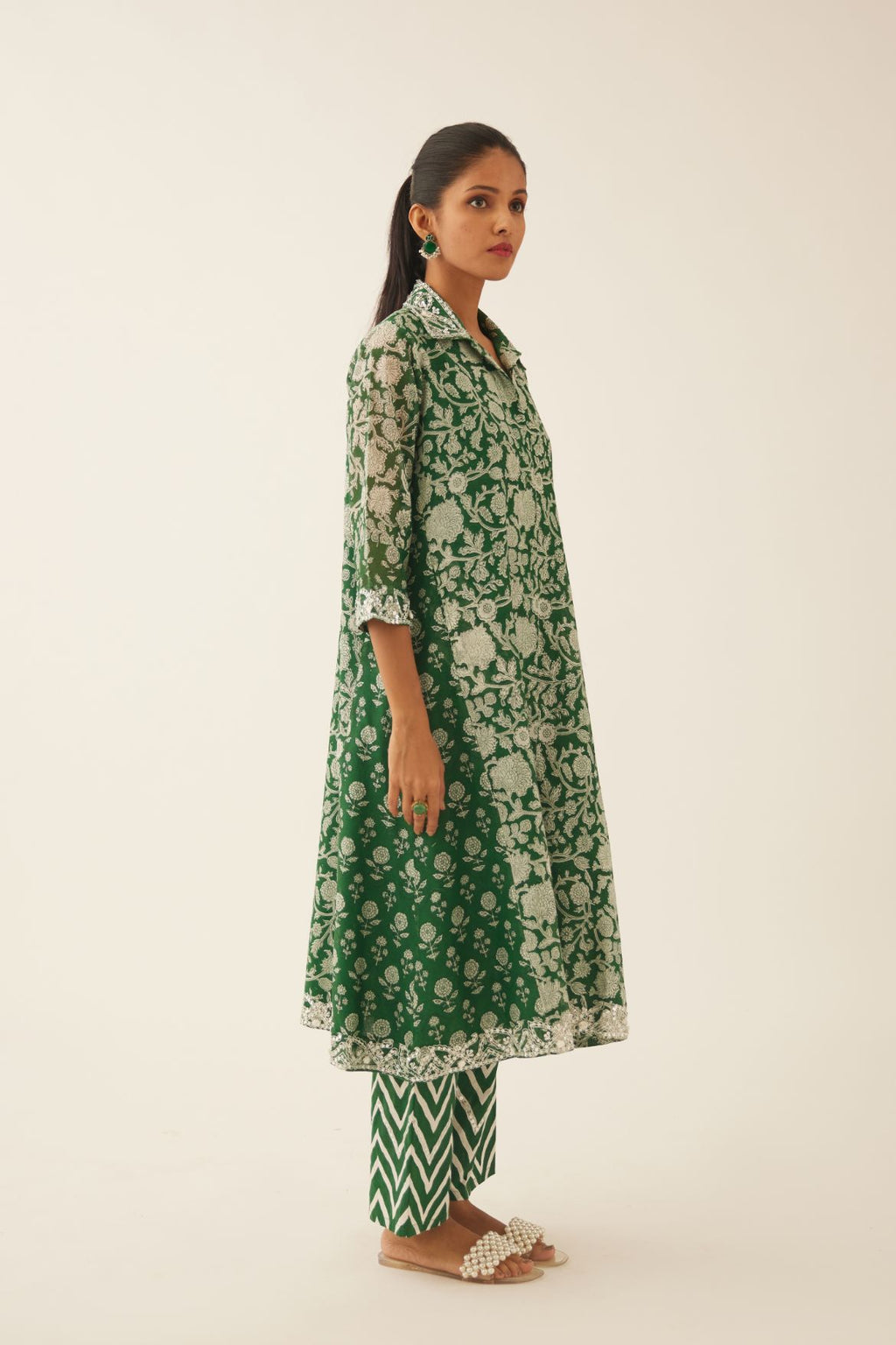 Green hand block printed A-line short kurta with sequins, tassels and –  Kora India
