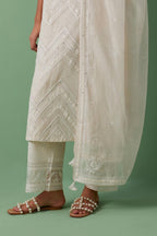 Off-white cotton chanderi dupatta with delicate silk thread embroidery, highlighted with braids, mirrors and sequins work.