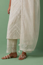 Off-white cotton chanderi straight kurta set with all over chevron pattern. It is embellished with silk patchwork, thread, sequins and mirrors.