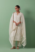 Off-white cotton chanderi dupatta with delicate silk thread embroidery, highlighted with braids, mirrors and sequins work.
