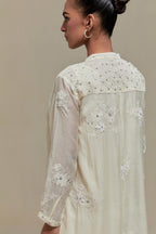 Off white cotton Chanderi short kurta set with all-over appliqué, highlighted with sequins and beads.