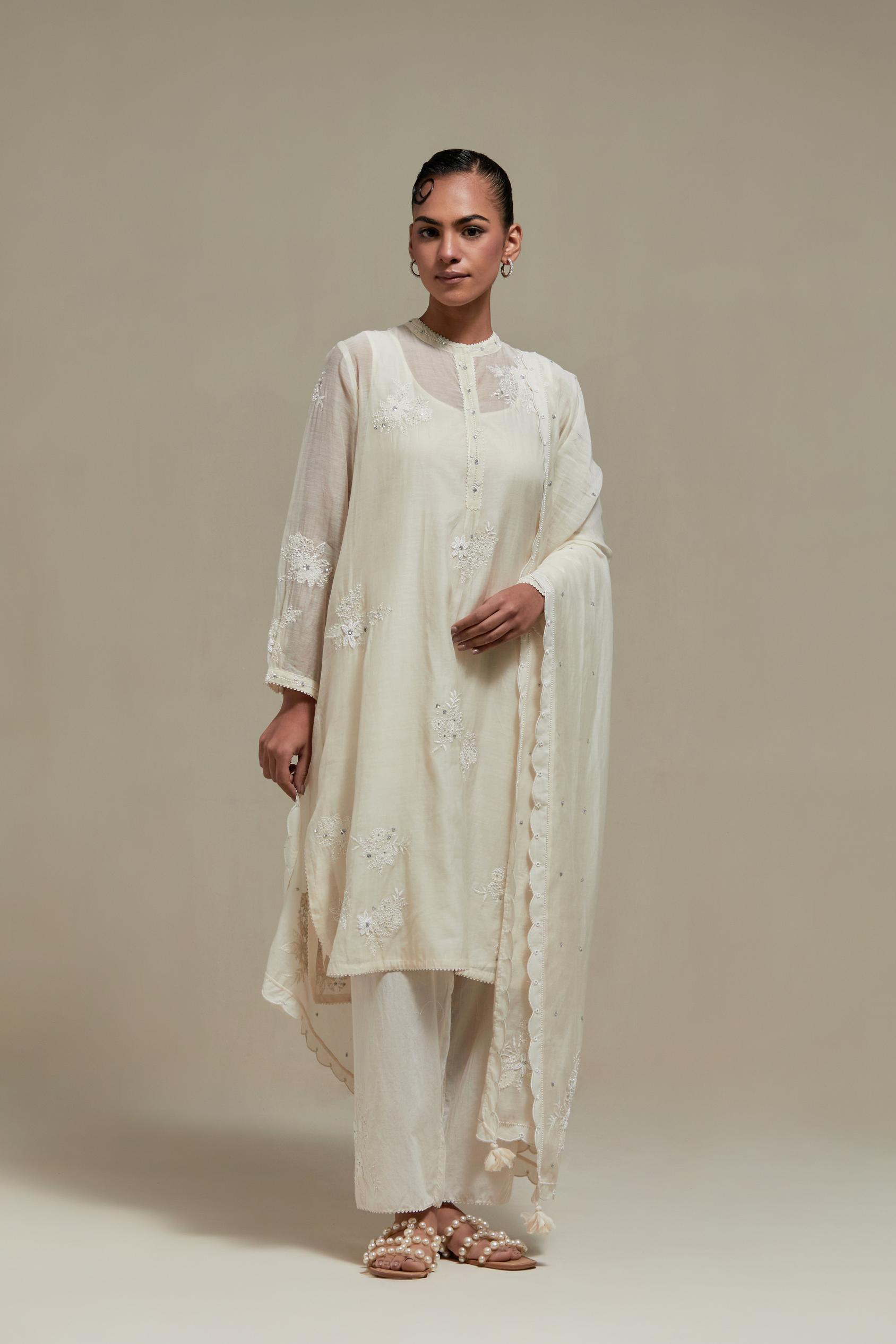 Off white cotton Chanderi short kurta set with all-over appliqué, highlighted with sequins and beads.