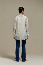 Off white cotton Chanderi embroidered shirt with full sleeves.