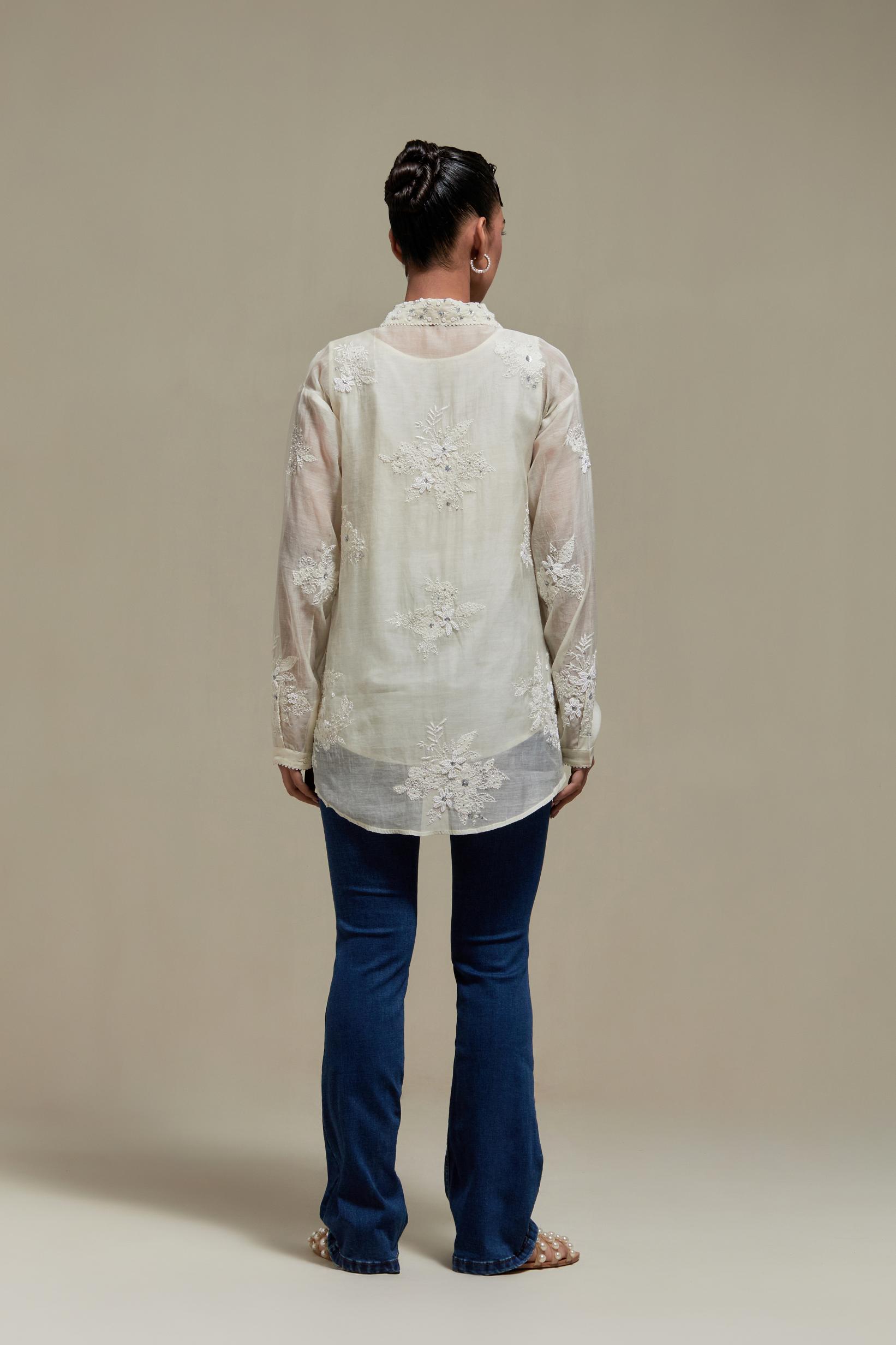 Off white cotton Chanderi embroidered shirt with full sleeves.
