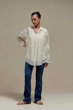 Off white cotton Chanderi embroidered shirt with full sleeves.