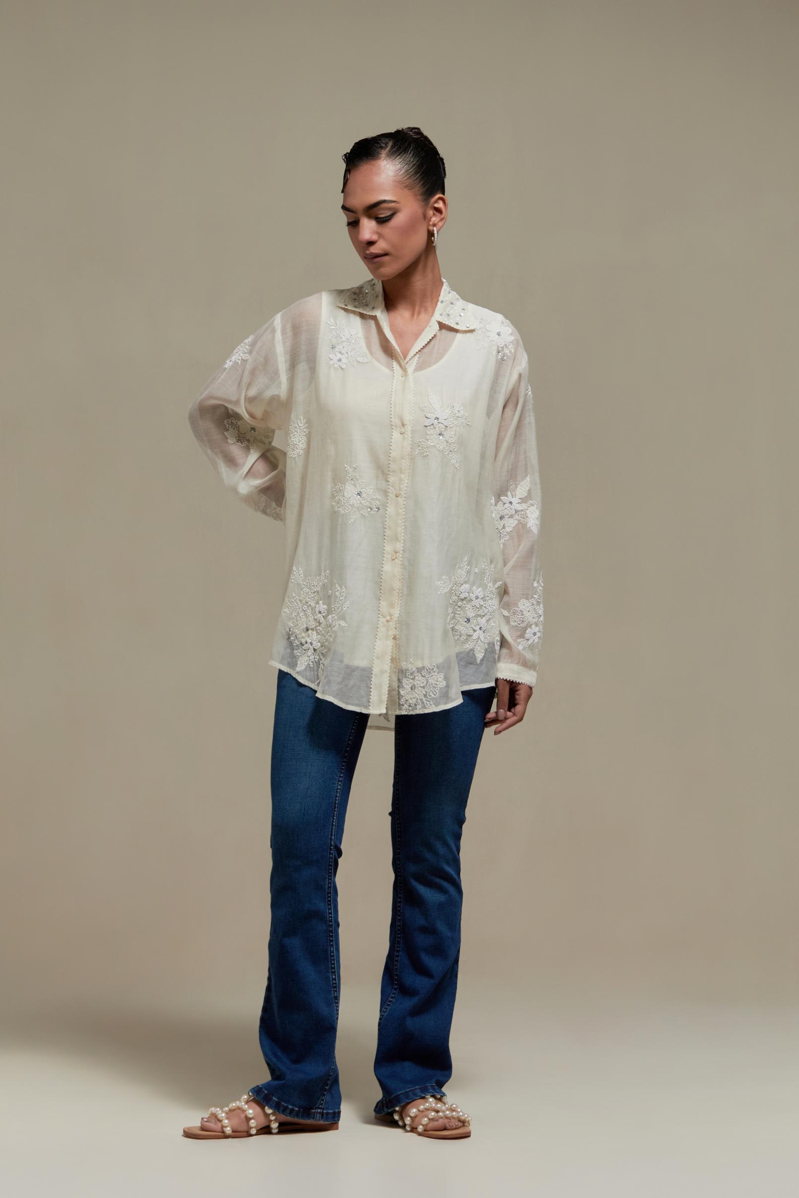 Off white cotton Chanderi embroidered shirt with full sleeves.