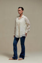 Off white cotton Chanderi embroidered shirt with full sleeves.