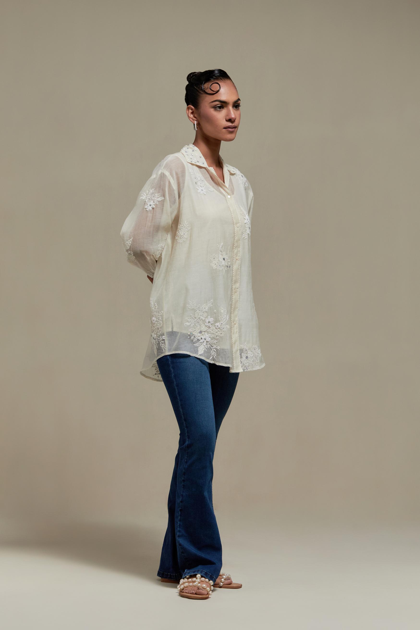 Off white cotton Chanderi embroidered shirt with full sleeves.