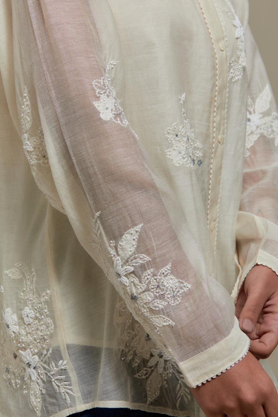Off white cotton Chanderi embroidered shirt with full sleeves.