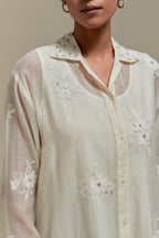 Off white cotton Chanderi embroidered shirt with full sleeves.
