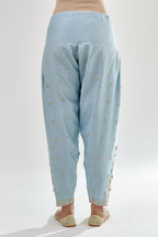 Blue silk chanderi salwar, detailed with zari, dori, bead and gota embroidered boota at sides.