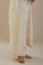 Off white cotton chanderi straight kurta set with heavy embroidered button placket neckline and delicate bead, tassel work at side panel joint seams.