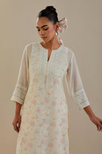 Off white cotton chanderi straight kurta set with off white thread embroidery and delicate beaded hand work at neck, sleeve and hem.