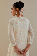 Off white cotton chanderi straight kurta set with off white thread embroidery and delicate beaded hand work.