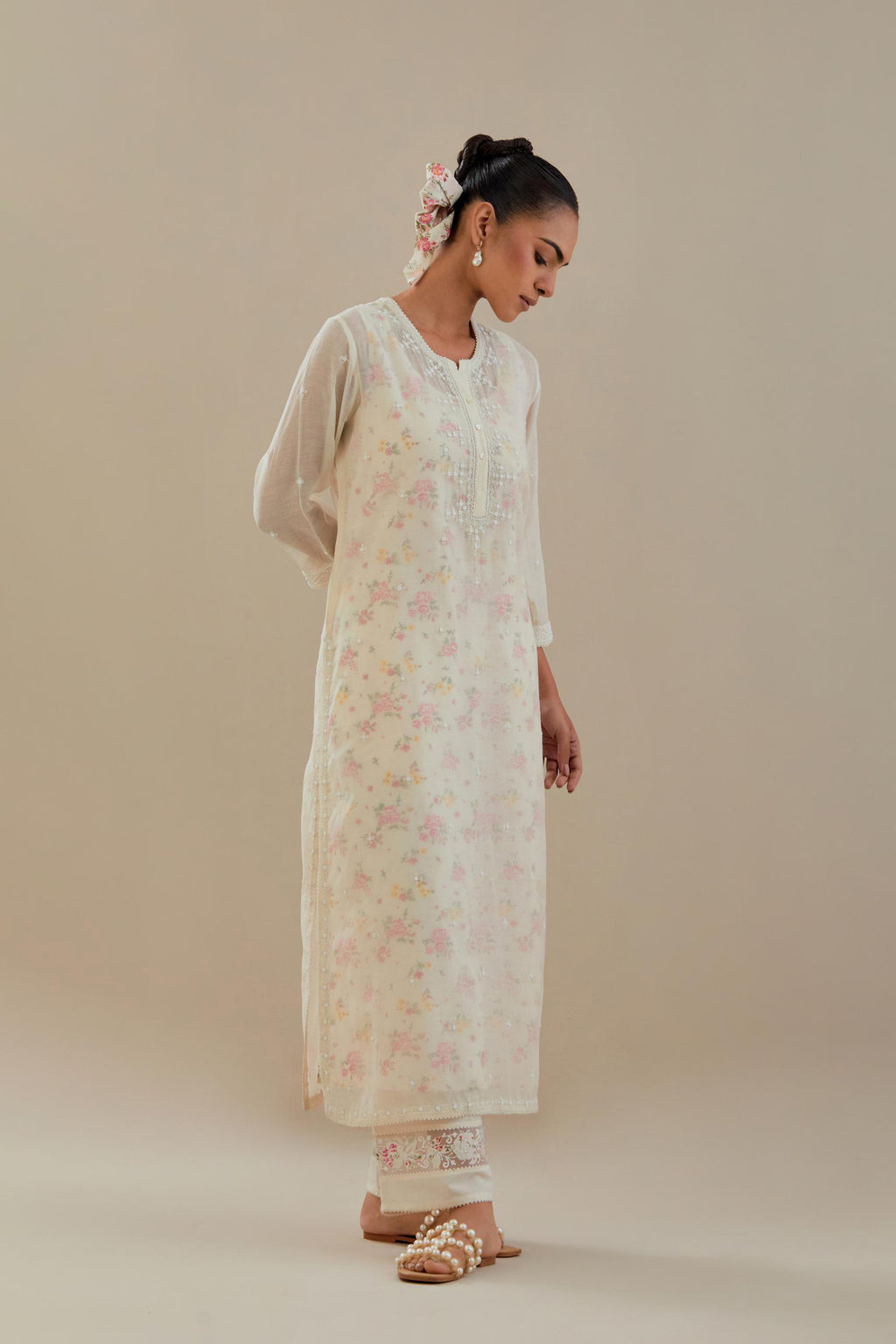 Off white cotton chanderi straight kurta set with off white thread embroidery and delicate beaded hand work.