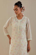 Off white cotton chanderi straight kurta set with off white thread embroidery and delicate beaded hand work.