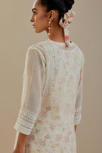 Off white cotton chanderi short kurta set, highlighted with delicate beads and thread embroidery.